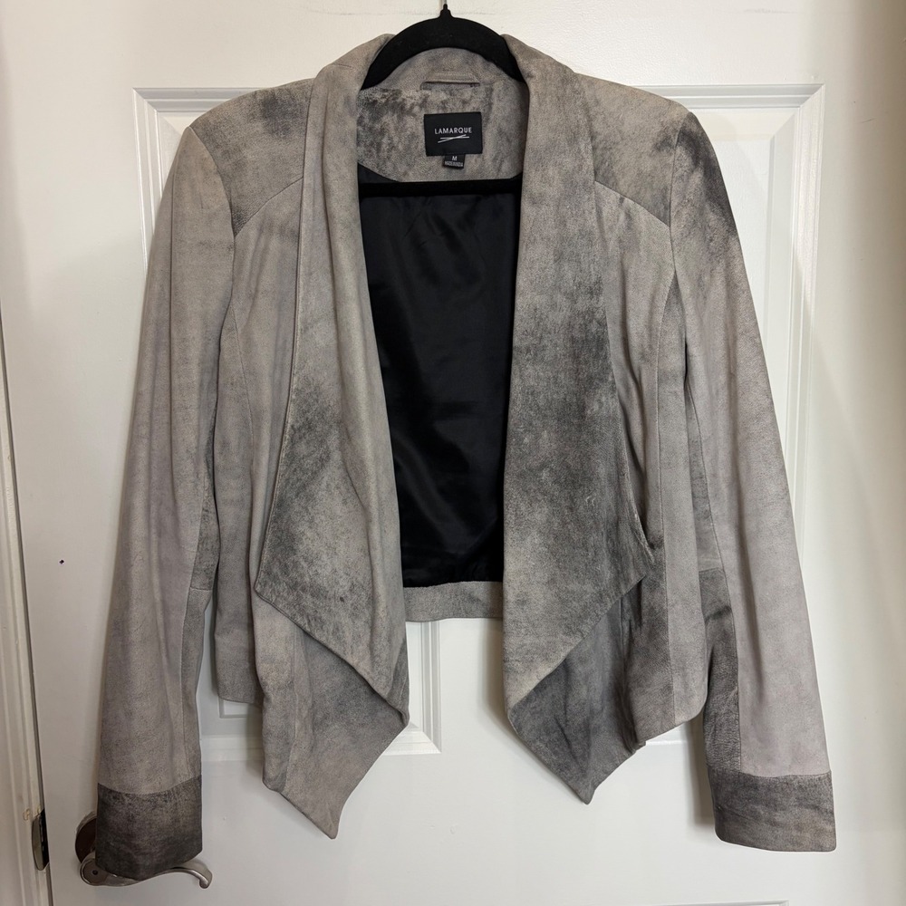 Lamarque Grey Distressed Leather Draped Open Front Jacket Womens Medium